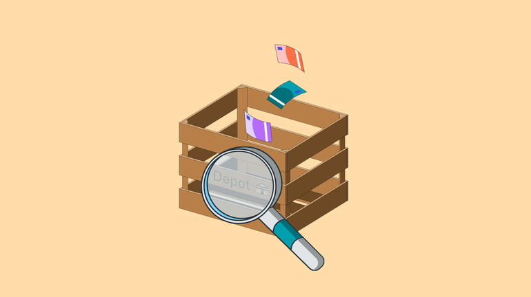 Kiste, Geldscheine und Lupe