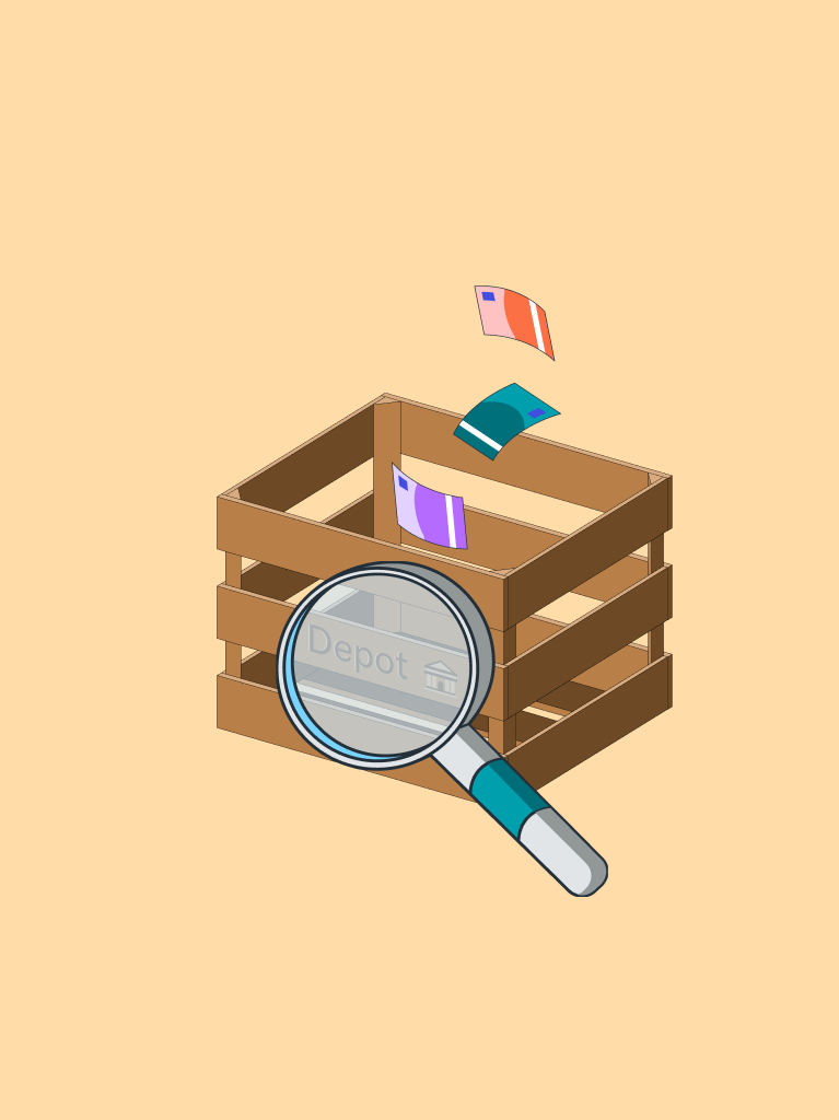 Kiste, Geldscheine und Lupe