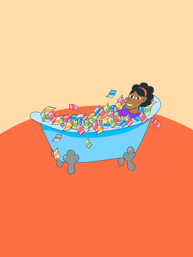 Frau in Badewanne mit Geld