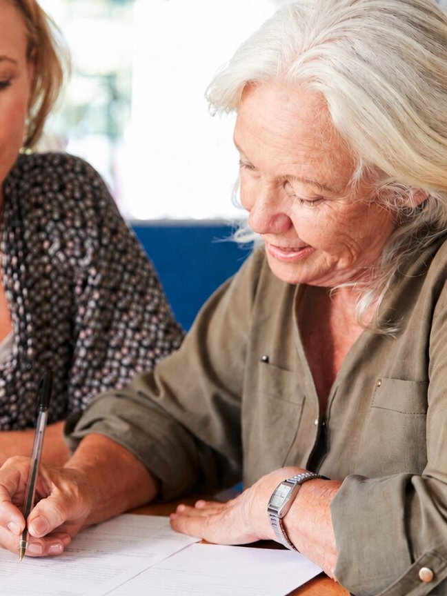 Pflegereform: Ältere Frau füllt Pflegedokument aus zusammen mit jüngerer Frau