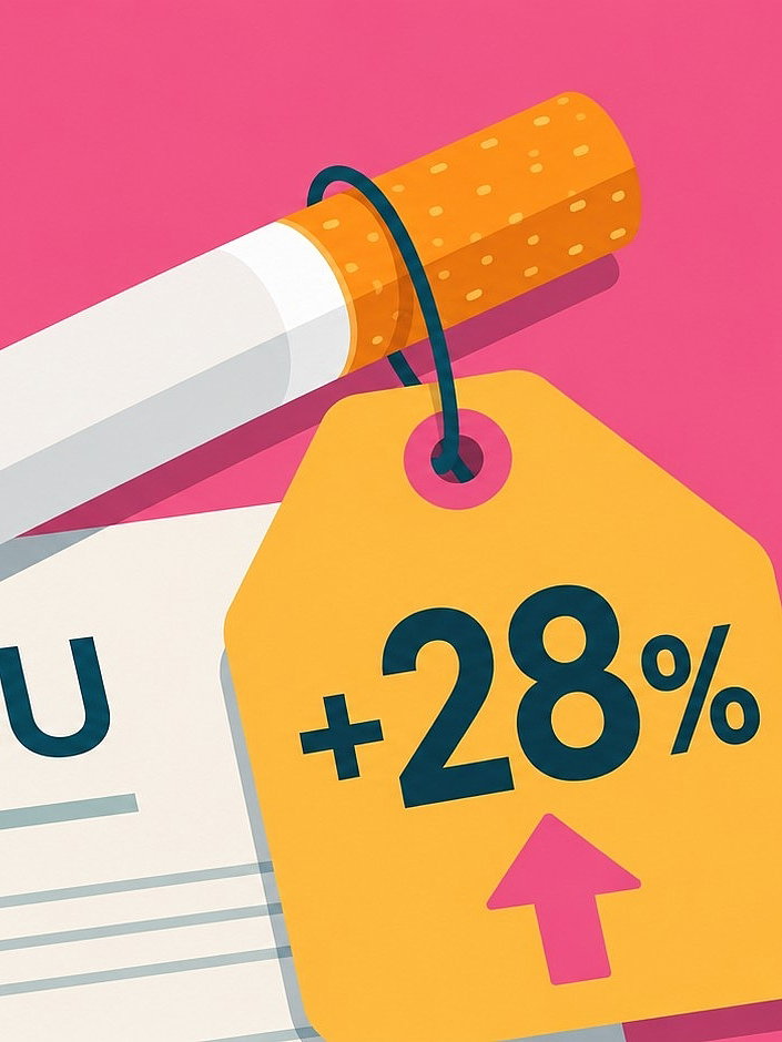 So viel teurer wird Deine BU als Raucher Illustration einer Zigarette mit Preisschild „+28 %“ und einem BU-Dokument – Raucher zahlen mehr für die Berufsunfähigkeitsversicherung