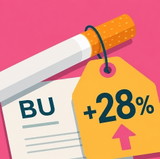 Illustration einer Zigarette mit Preisschild „+28 %“ und einem BU-Dokument – Raucher zahlen mehr für die Berufsunfähigkeitsversicherung