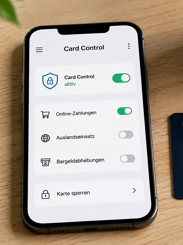 Card Control Funktionen auf Handy-Bildschirm neben einer Bankkarte