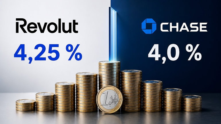 revolut und chase mit aktuellen zinssätzen vor einer treppe an geldmünzen