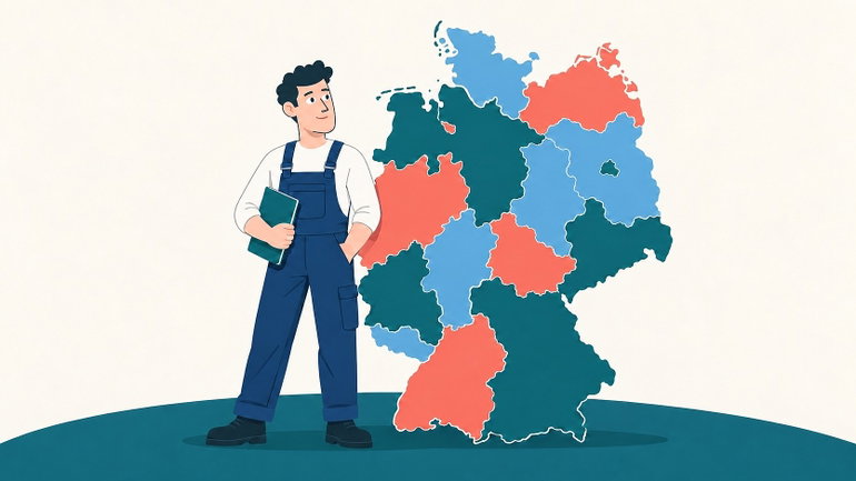 Azubi neben Deutschlandkarte