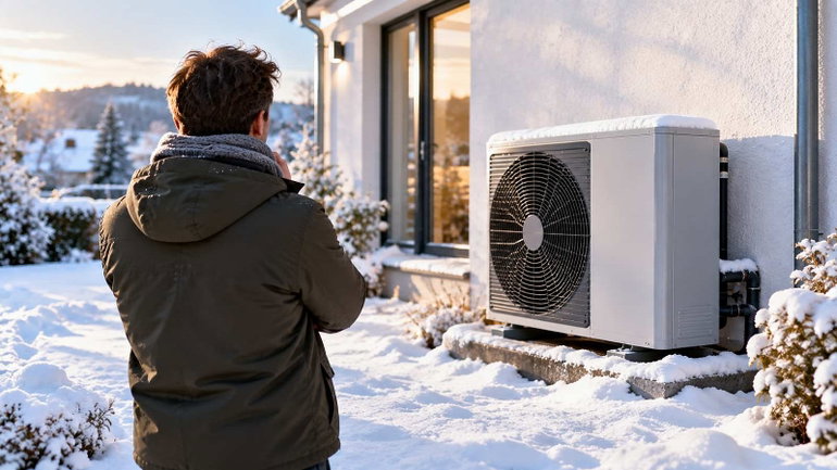 Wärmepumpe vor verschneitem Haus