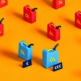 Rote und blaue Ölkanister im Raster