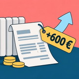 Stilisierte Gasrechnung neben Heizkörper und gelbem Preisschild mit 600 Euro Mehrkosten