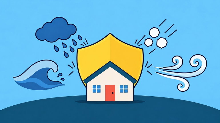 Elementarschutz in der Wohngebäudeversicherung Verschiedene Wetterphänomene über einem haus mit schutzschild
