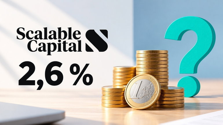 scalable capital logo tagesgeld-angebot 2,6% mit geldmünzen und fragezeichen