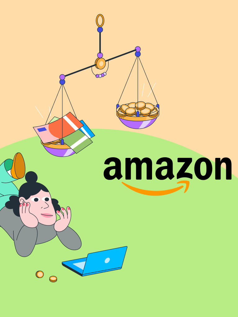 Amazon-Logo, Waage, Person mit Laptop