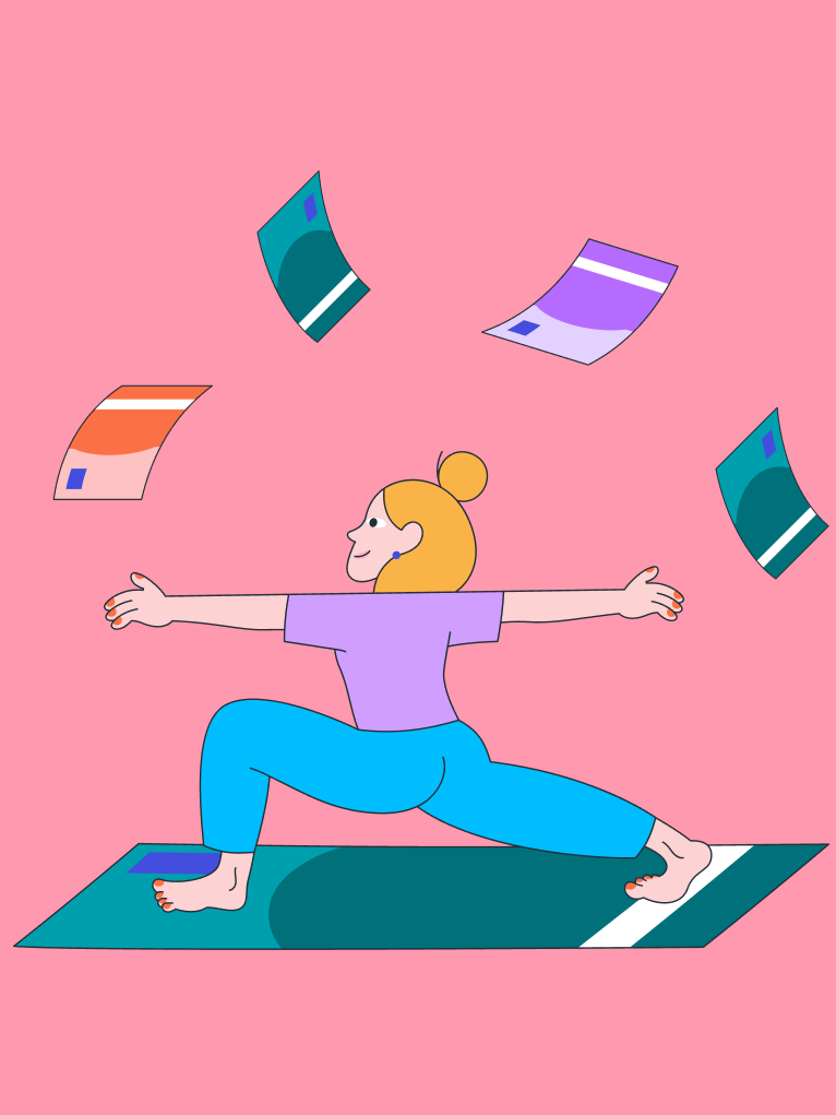 Frau macht auf Geldschein Yoga