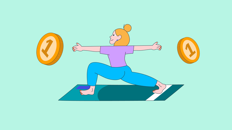 Frau macht auf Geldschein Yoga