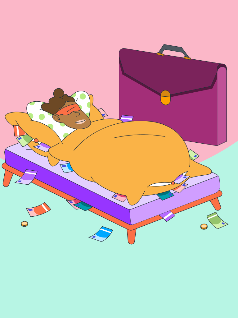 Person liegt krank im Bett mit Geld und Aktenkoffer