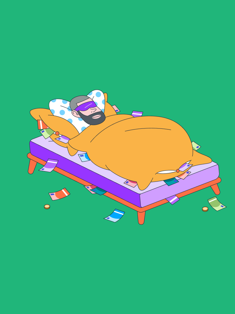 Mann schläft im Bett mit Geld