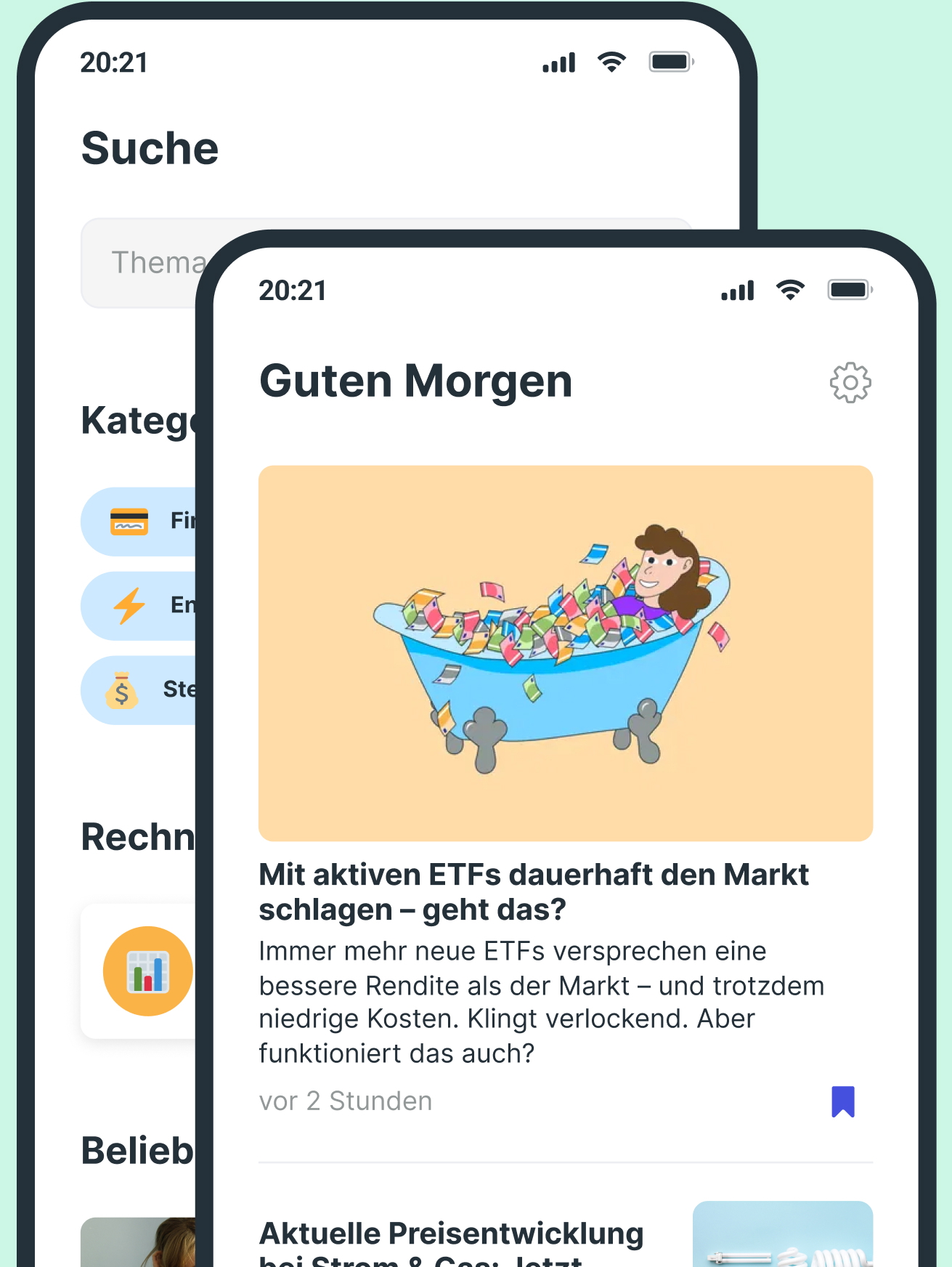 Zwei Handys, die die Finanztip App zeigen