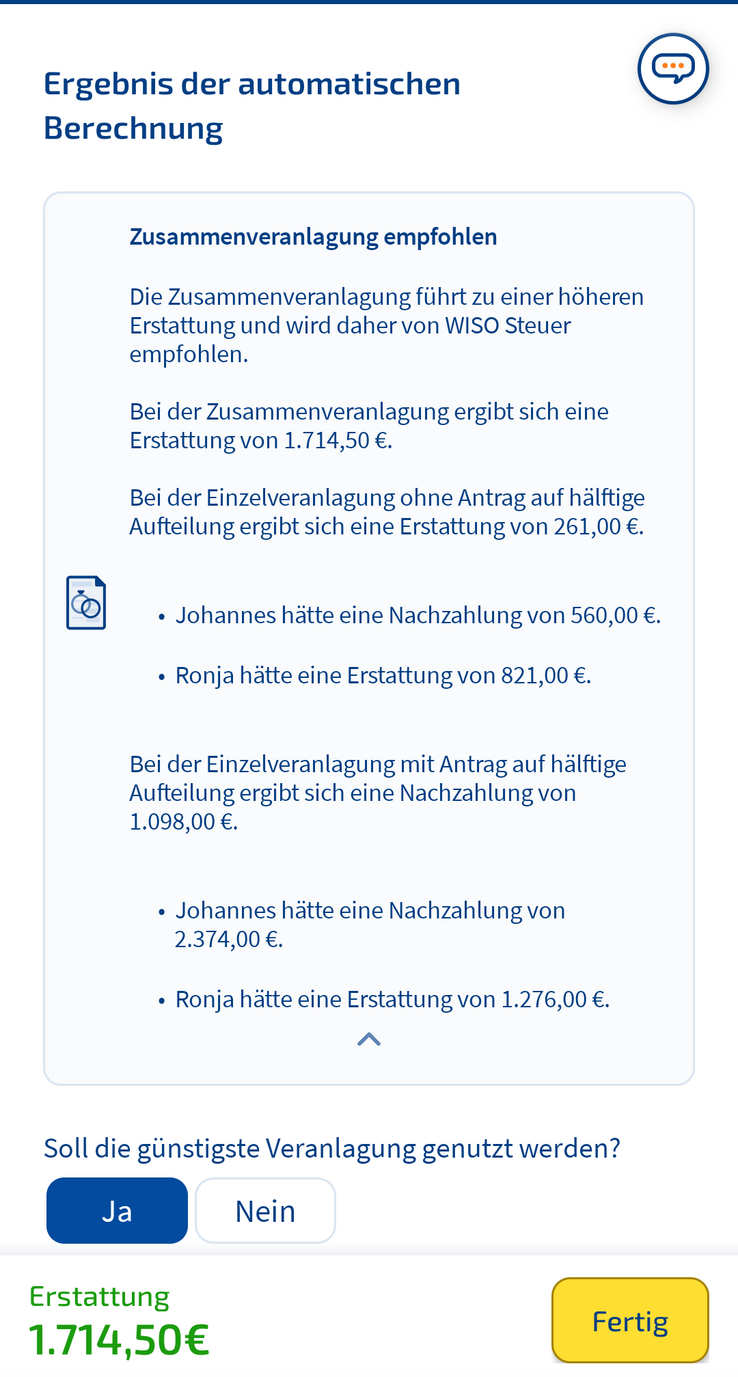 Zusammenveranlagung Einzelveranlagung