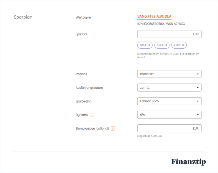 Screenshot der Eingabemaske, um im ING-Depot einen Sparplan zu erstellen.