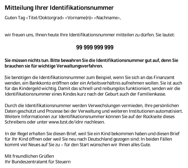 Willkommensbrief mit Steuer-ID vom BZSt