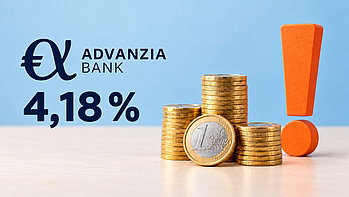 Tagesgeld der Advanzia: Lohnt sich ein Wechsel? Advanzia logo mit Münzen und Zinssatz und Ausrufezeichen
