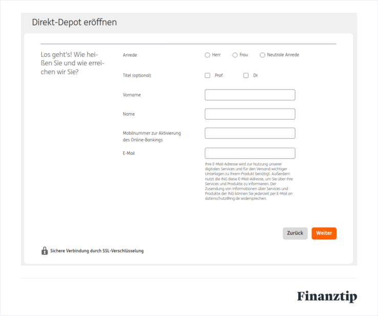 Screenshot der Seite zum Depot eröffnen bei der ING