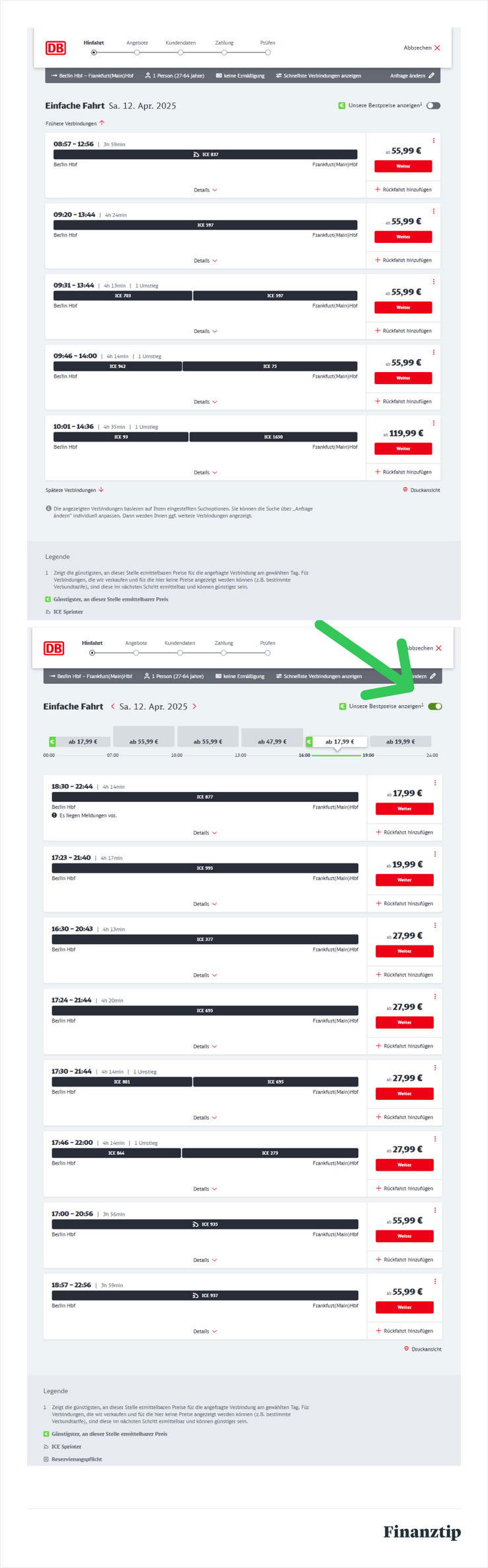 Screenshot Bahn.de - "Bestpreise anzeigen" ist ausgewählt Screenshot Bahn.de - "Bestpreise anzeigen" ist ausgewählt