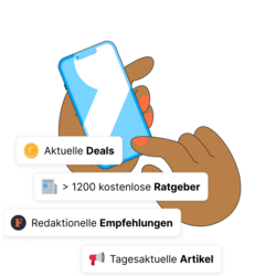 Hand mit Handy und eingeblendeten Vorteilen von Finanztip