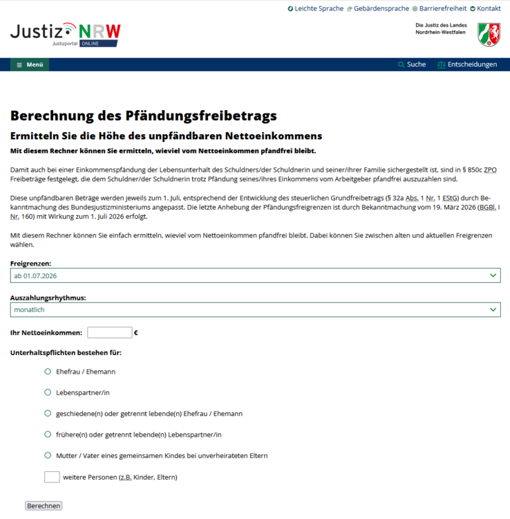 Pfändungrechner NRW Pfändungsrechner NRW