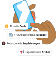 Hand mit Handy Hand mit Handy und eingeblendeten Vorteilen von Finanztip