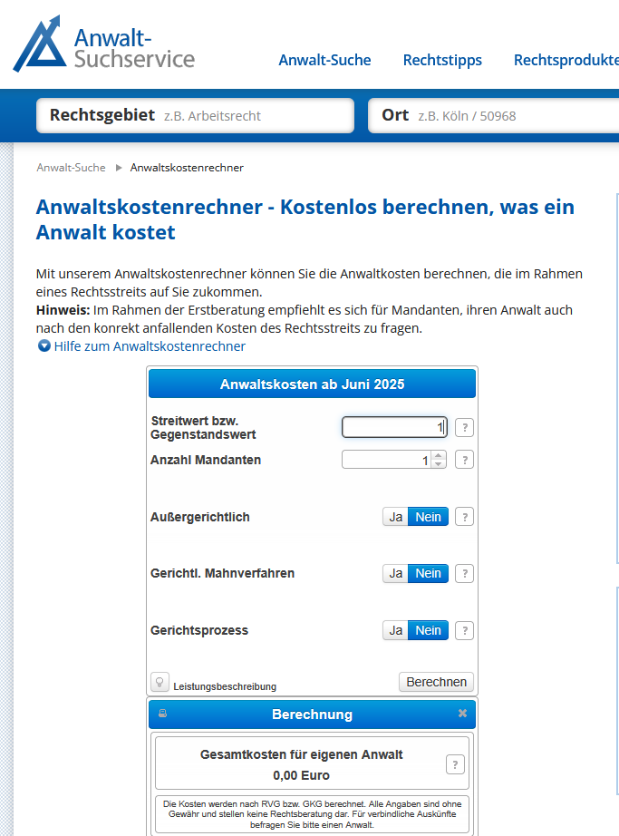 Anwaltskostenrechner Juni 2025