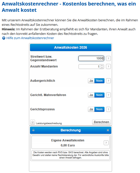Anwaltskostenrechner Anwaltskostenrechner